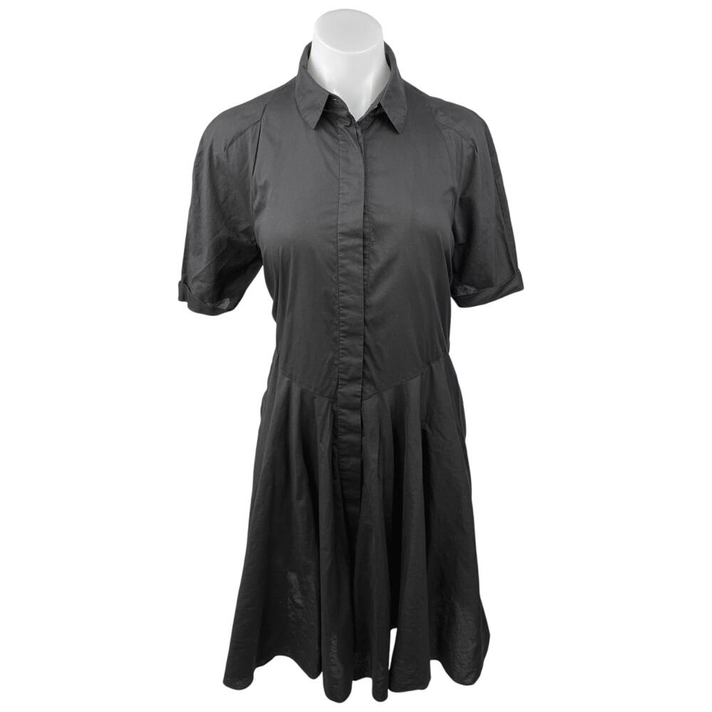 Allsaints Black Short Sleeve Collared Button Down Pleated Midi Shirt Dress Sz 8 - Picture 1 of 5